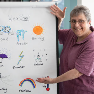 A photograph of customer Linda teaching a sign language class about the weather for residents of one of our retirement living communities. Linda has drawn symbols for weather conditions on a flip chart, and is gesturing towards the symbols with a smile.